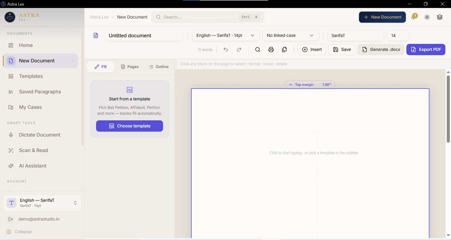 Astra Lex document editor — template picker, court-formatted page with margins, dictation and export tools