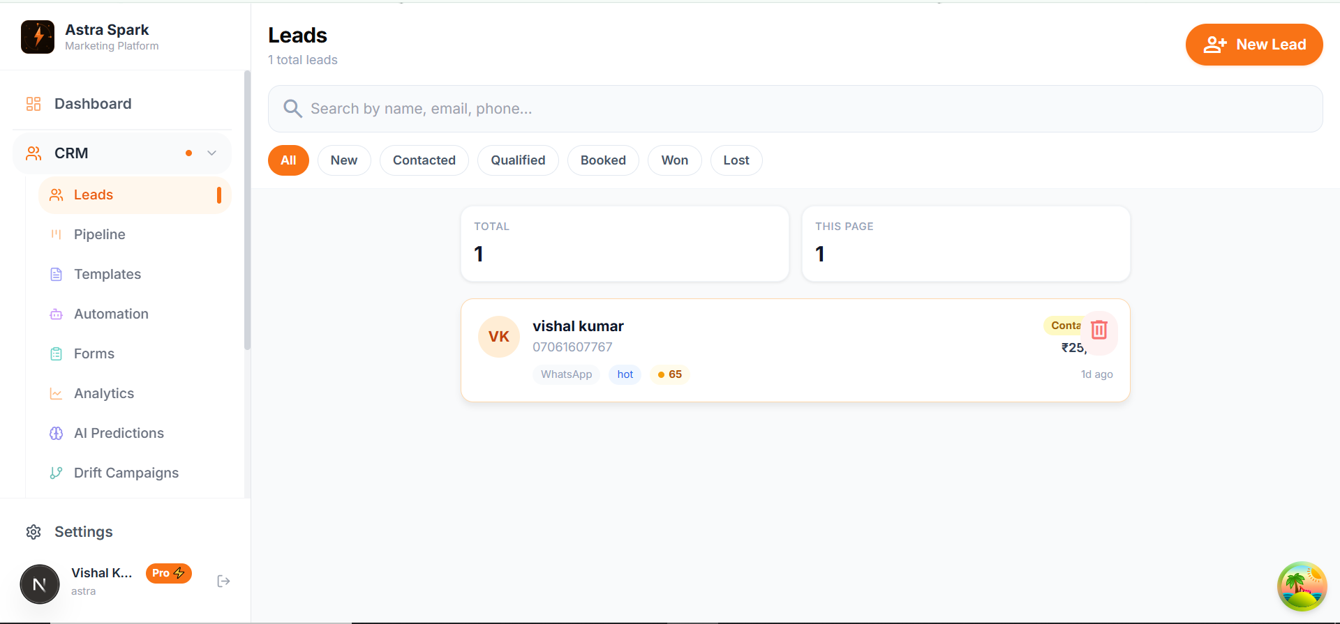 Astra Spark CRM Leads dashboard — AI lead scoring with hot/cold labels and WhatsApp source tracking