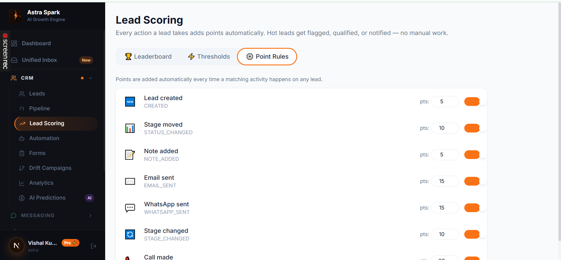 Astra Spark CRM Lead Scoring — automatic point rules for WhatsApp sent, stage changed, email sent, and call made