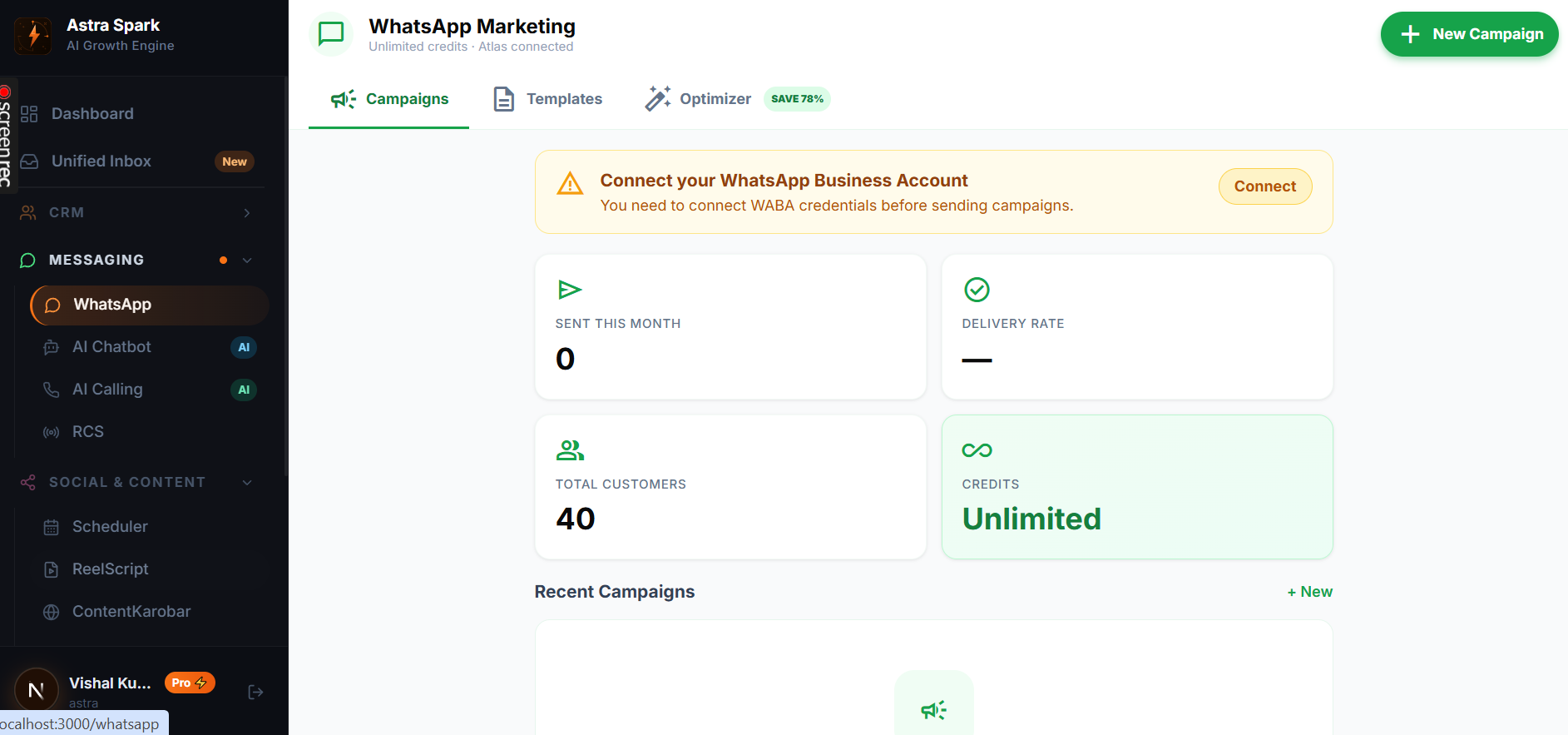 Astra Spark WhatsApp Marketing — unlimited credits dashboard showing sent campaigns and delivery rate